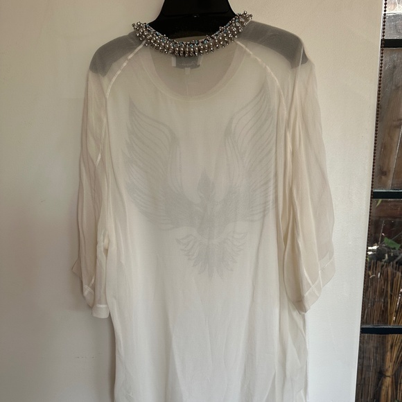 3.1 Phillip Lim white jersey/silk combo printed t-shirt w/embellished neck sz L - Picture 4 of 6